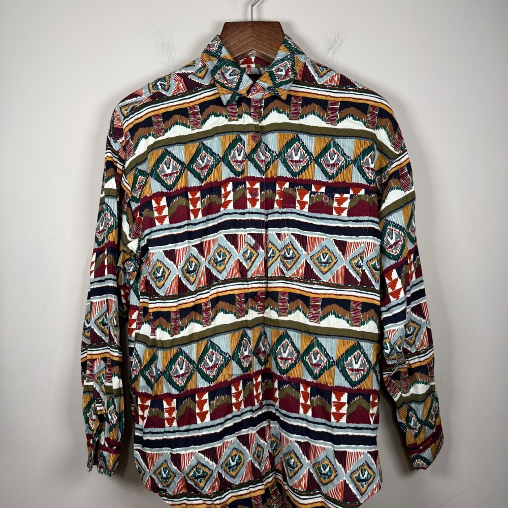 Solutions Earth Tone Geometric Aztec Western Button Down Shirt Large Vintage